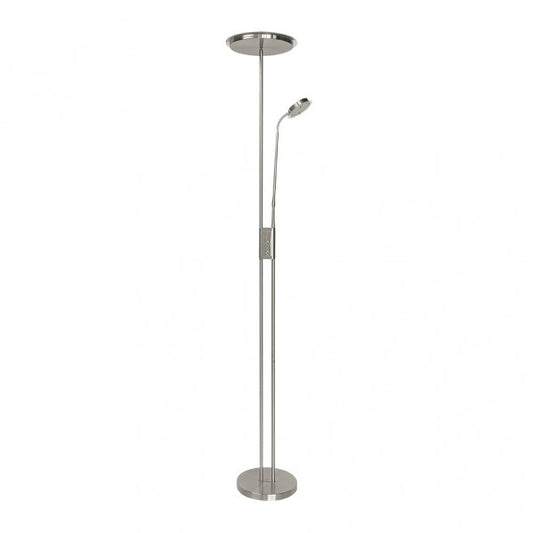Lámpara de pie Antares en níquel satinado, modelo Abrila 135742003 con 20W+7W LED regulable a 4000K luz blanca natural, diseño moderno para iluminación doméstica en salón interior, ideal para lectura y decoración minimalista.