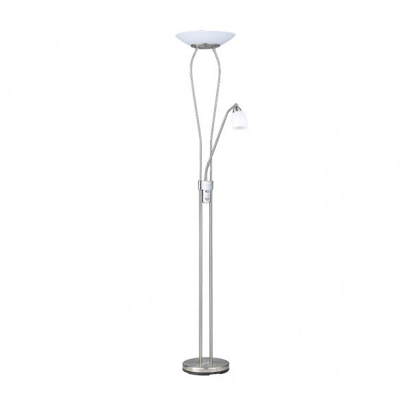 Lámpara de pie de salón LED Wolf con lector integrado en níquel, modelo Abrila 135942003, diseño moderno regulable para decoración interior AI2, iluminación LED ajustable y funcional.