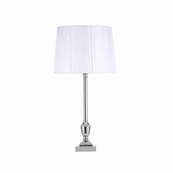 Lámpara de sobremesa clásica Abrila en roble natural y base cromo con pantalla blanca textil, modelo 137471020, iluminación interior doméstica de estilo elegante para decoración moderna