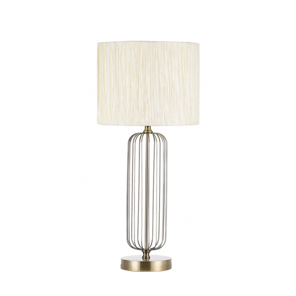 Lámpara de sobremesa Mansonia en cuero beige de Abrila modelo 138071014, diseño elegante con base de metal y pantalla textil para iluminación interior doméstica y decoración moderna.