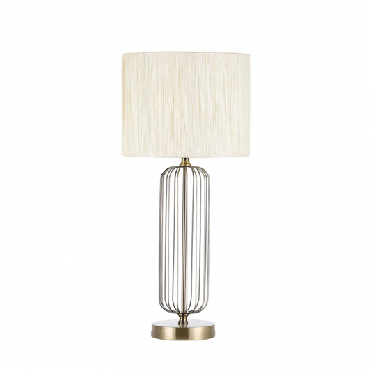 Lámpara de sobremesa Mansonia en cuero beige de Abrila modelo 138071014, diseño elegante con base de metal y pantalla textil para iluminación interior doméstica y decoración moderna.