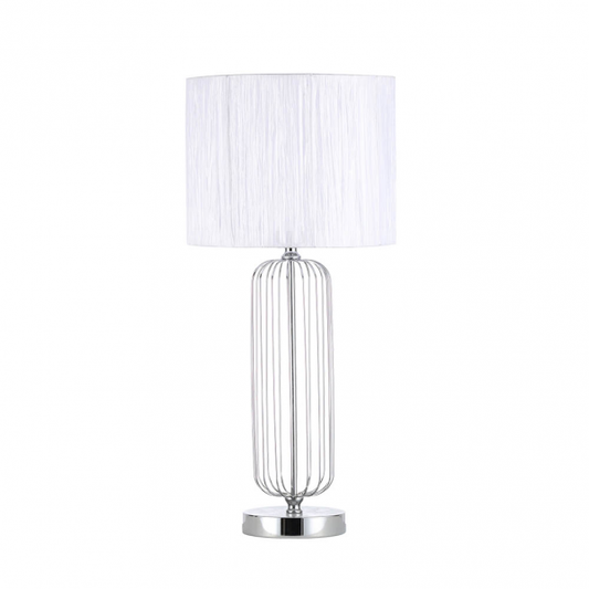 Lámpara sobremesa Mansonia en cromo y blanco de Abrila, modelo 138071020, con base metálica y pantalla textil E27 para iluminación interior doméstica y decoración moderna.