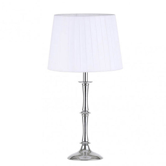 Lámpara sobremesa Oregon en cromo y blanca de Abrila modelo 138271020, diseño elegante de metal con pantalla textil blanca para iluminación interior doméstica.