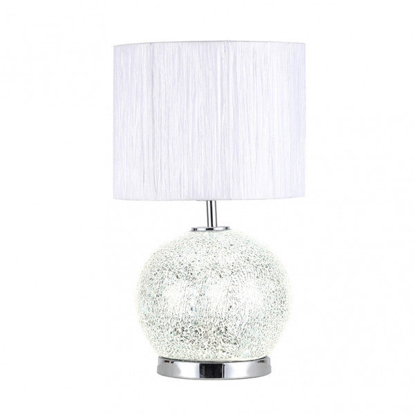 Lámpara sobremesa Secoya de Abrila en espejo/cromo con mosaico de cristal y pantalla textil, iluminación difusa LED integrada para hogar moderno y decoración interior AI2.