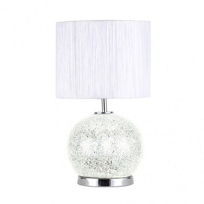 Lámpara sobremesa Secoya de Abrila en espejo/cromo con mosaico de cristal y pantalla textil, iluminación difusa LED integrada para hogar moderno y decoración interior AI2.