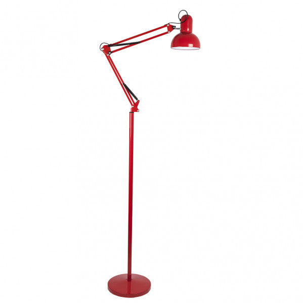 Lámpara de pie articulable Rutilo en rojo vibrante de Abrila, modelo 140341007, diseño vintage moderno en metal para decoración de salón interior doméstico.