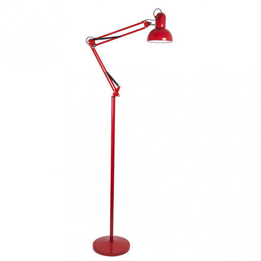 Lámpara de pie articulable Rutilo en rojo vibrante de Abrila, modelo 140341007, diseño vintage moderno en metal para decoración de salón interior doméstico.