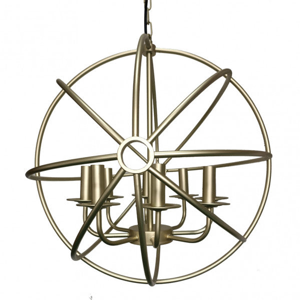 Lámpara colgante Arneses en oro de Abrila, diseño rústico y vintage con 8 casquillos E14, ideal para decoración interior doméstica en metal dorado.