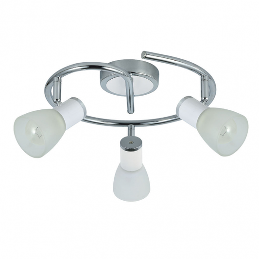 Plafon Cholo 3xE14 blanco y cromo de Abrila, modelo 141953001, diseño moderno y orientable de 16x34x34 cm en metal y cristal para iluminación interior doméstica