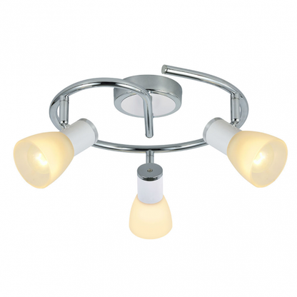 Plafon Cholo de Abrila modelo 141953001 en blanco y cromo, diseño moderno con 3 casquillos E14 orientables, dimensiones 16x34x34 cm, ideal para iluminación interior doméstica en metal y cristal.