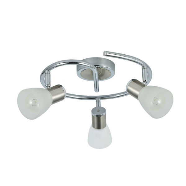 Plafon Cholo de Abrila en acabado cromo níquel, modelo 3xE14 con focos articulados orientables, diseño moderno de metal y cristal para iluminación LED interior doméstica, dimensiones 16x34x34 cm, referencia 141953020