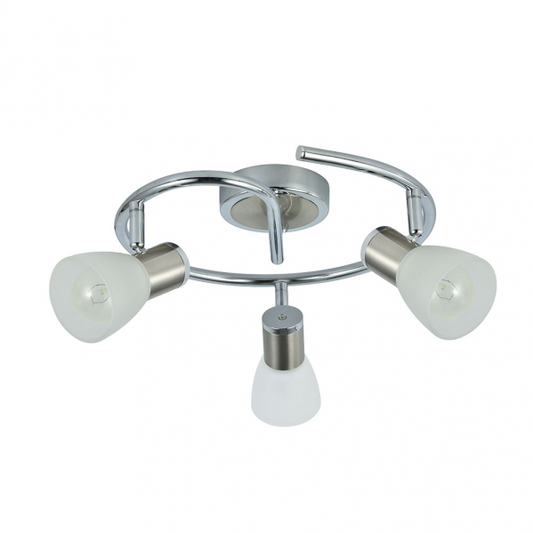 Plafon Cholo de Abrila en acabado cromo níquel, modelo 3xE14 con focos articulados orientables, diseño moderno de metal y cristal para iluminación LED interior doméstica, dimensiones 16x34x34 cm, referencia 141953020
