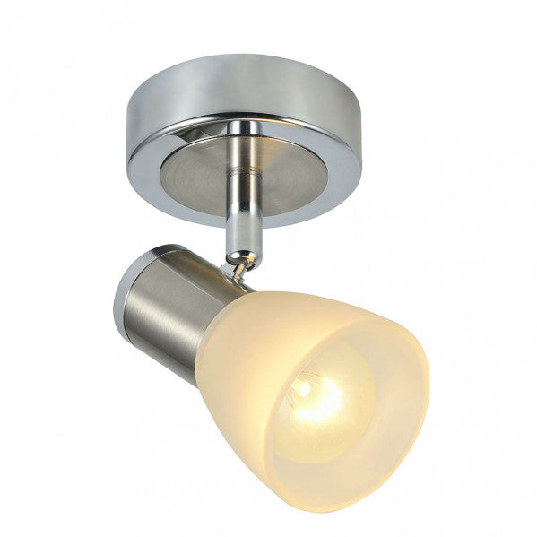 Foco moderno Cholo de Abrila en acabado cromo/níquel, modelo 141981020 con casquillo 1xE14, diseño orientable en metal y cristal para iluminación interior doméstica y decoración del hogar.