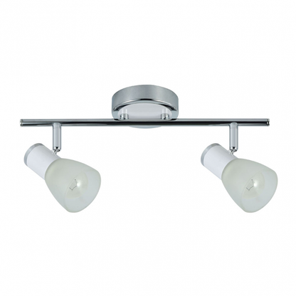 Regleta de focos Cholo 2xE14 en blanco y cromo de Abrila, modelo 141992001, diseño moderno orientable para iluminación interior doméstica con metal y cristal.