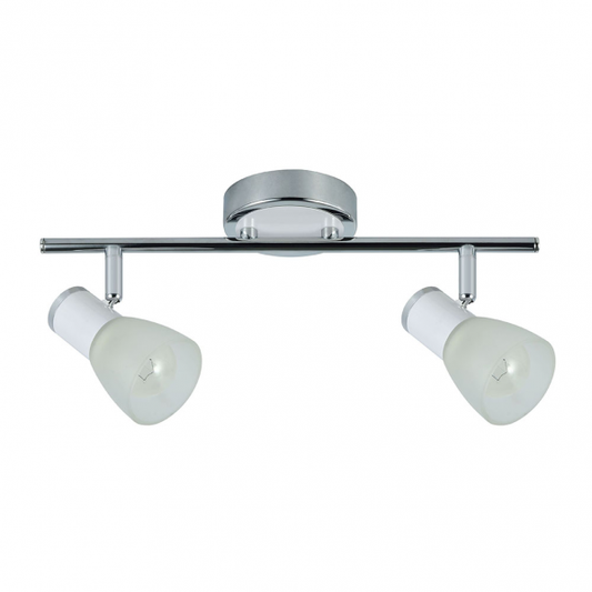 Regleta de focos Cholo 2xE14 en blanco y cromo de Abrila, modelo 141992001, diseño moderno orientable para iluminación interior doméstica con metal y cristal.