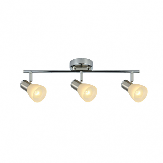 Regleta de focos Cholo 3xE14 en acabado cromo/níquel de Abrila (141993020), diseño moderno orientable en metal y cristal para decoración interior doméstica con focos LED.