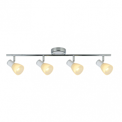 Regleta de focos Cholo 4xe14 en blanco y cromo de Abrila, modelo 141994001, con diseño moderno orientable en metal y cristal para decoración interior doméstica, ideal para iluminación AI2 con focos modernos.