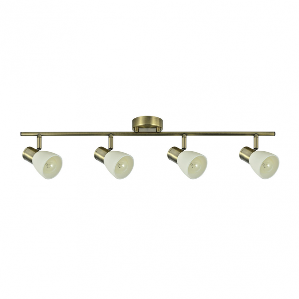 Regleta de focos Cholo con 4 casquillos E14 en acabado de cuero, modelo Abrila 141994014, diseño moderno orientable en metal y cristal para iluminación interior y decoración doméstica.