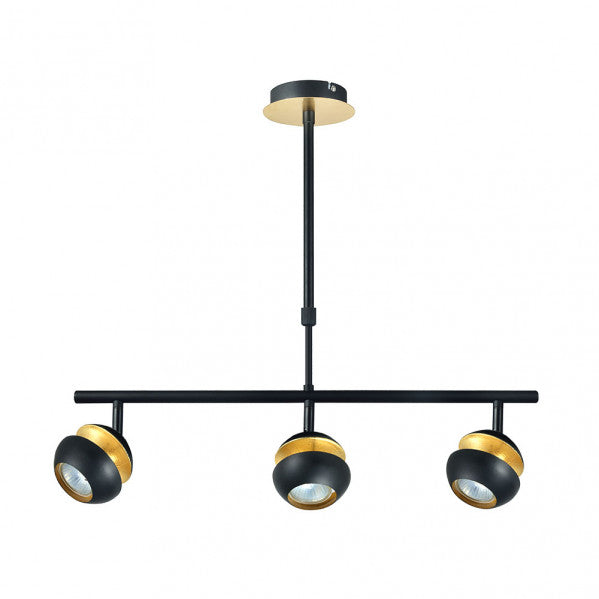 Lámpara colgante Beethoven en negro y oro de Abrila, modelo 142053009 con 3xGU10 focos orientables, diseño moderno de metal para iluminación ajustable en decoración interior doméstica.