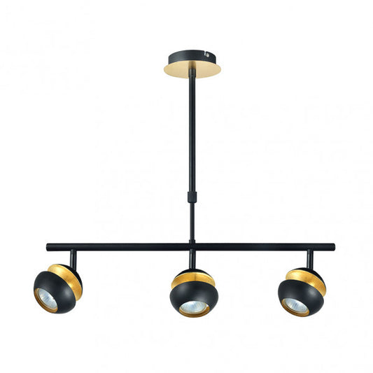 Lámpara colgante Beethoven en negro y oro de Abrila, modelo 142053009 con 3xGU10 focos orientables, diseño moderno de metal para iluminación ajustable en decoración interior doméstica.