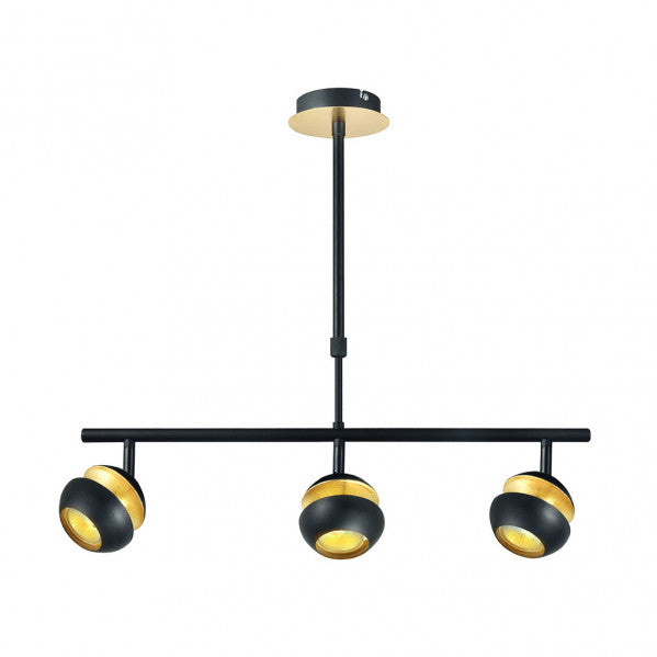 Lámpara colgante Beethoven negra y oro de Abrila modelo 142053009 con 3 focos GU10 orientables, diseño moderno de metal para iluminación ajustable en decoración interior doméstica.