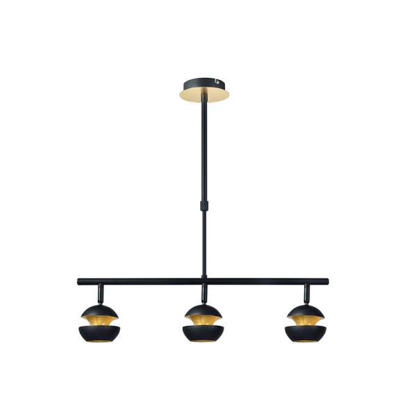 Lámpara colgante Beethoven en negro y oro de Abrila, modelo 142053009 con 3 focos GU10 orientables, diseño moderno de metal para iluminación ajustable en decoración interior doméstica.