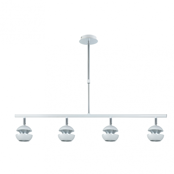 Lámpara colgante Beethoven de Abrila en blanco y plata con 4 focos GU10 orientables, diseño moderno de metal para iluminación interior y decoración doméstica.