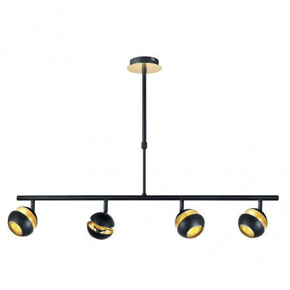Lámpara colgante Beethoven moderna en negro y oro de Abrila, modelo 142054009 con 4 focos GU10 orientables, ideal para iluminación interior doméstica y decoración contemporánea en metal.