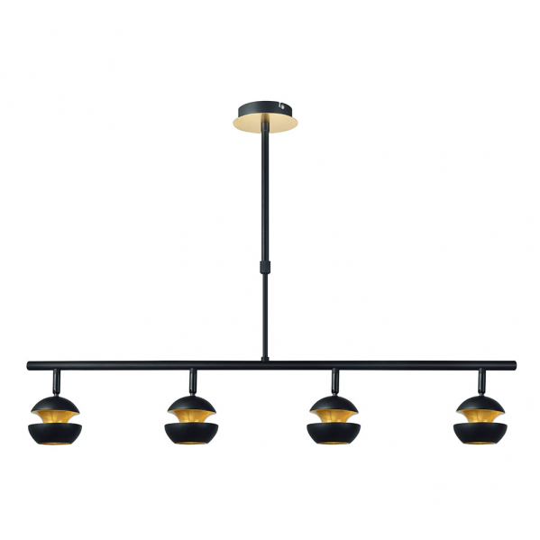 Colgante Beethoven negro y oro con 4 focos GU10 orientables de Abrila (142054009), lámpara moderna de metal para iluminación interior doméstica y decoración contemporánea.
