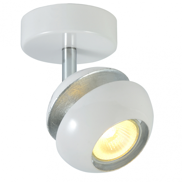 Foco Beethoven moderno 1xGU10 en acabado blanco y plata de Abrila (142081001), diseño orientable en metal para iluminación interior doméstica y decoración minimalista.