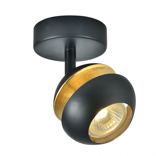 Foco Beethoven de Abrila, modelo 1xGU10 en negro y oro, diseño moderno orientable de metal para iluminación interior doméstica, dimensiones 14x13x8.5 cm, referencia 142081009