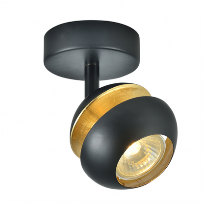 Foco Beethoven de Abrila, modelo 1xGU10 en negro y oro, diseño moderno orientable de metal para iluminación interior doméstica, dimensiones 14x13x8.5 cm, referencia 142081009