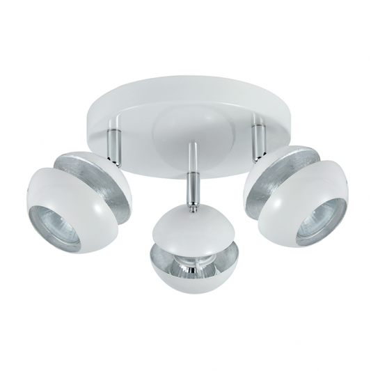Plafon Beethoven de Abrila en blanco y plata, modelo 3xGU10 con focos orientables de metal moderno, dimensiones 14x22x22 cm, iluminación interior doméstica (142083001)
