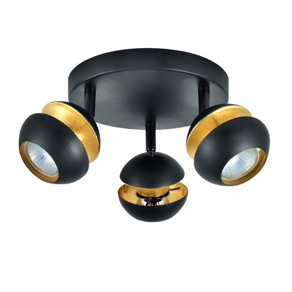 Plafon Beethoven 3xGU10 de Abrila en negro y oro, modelo 142083009, focos modernos orientables de metal para iluminación interior doméstica con bombillas GU10.