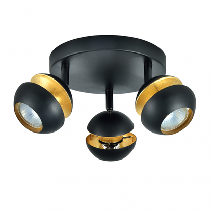 Plafon Beethoven 3xGU10 de Abrila en negro y oro, modelo 142083009, focos modernos orientables de metal para iluminación interior doméstica con bombillas GU10.
