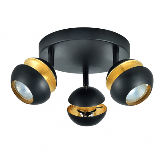 Plafon Beethoven 3xGU10 de Abrila en negro y oro, modelo 142083009, focos modernos orientables de metal para iluminación interior doméstica con bombillas GU10.