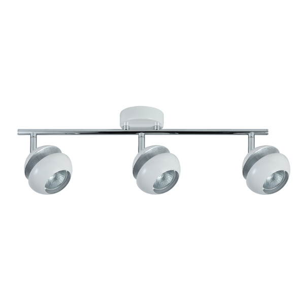 Regleta de focos Beethoven 3xGU10 en blanco y plata de Abrila, diseño moderno y orientable para iluminación interior doméstica y decoración.