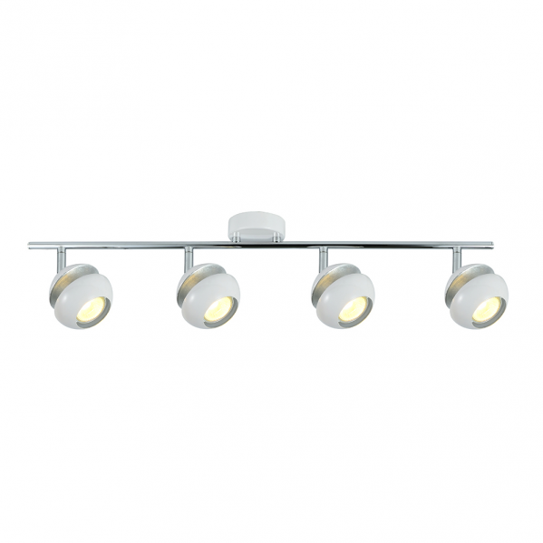 Regleta de focos Beethoven de Abrila con 4 bombillas GU10, diseño moderno en blanco y plata, ideal para iluminación interior y decoración del hogar en entornos domésticos.