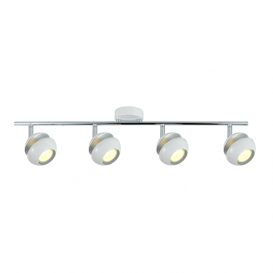 Regleta de focos Beethoven de Abrila con 4 bombillas GU10, diseño moderno en blanco y plata, ideal para iluminación interior y decoración del hogar en entornos domésticos.