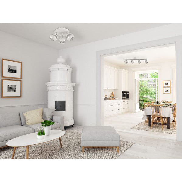 Regleta de focos Beethoven 4xGU10 en blanco y plata de Abrila, modelo 142094001, diseño moderno de metal para iluminación interior doméstica y decoración del hogar.