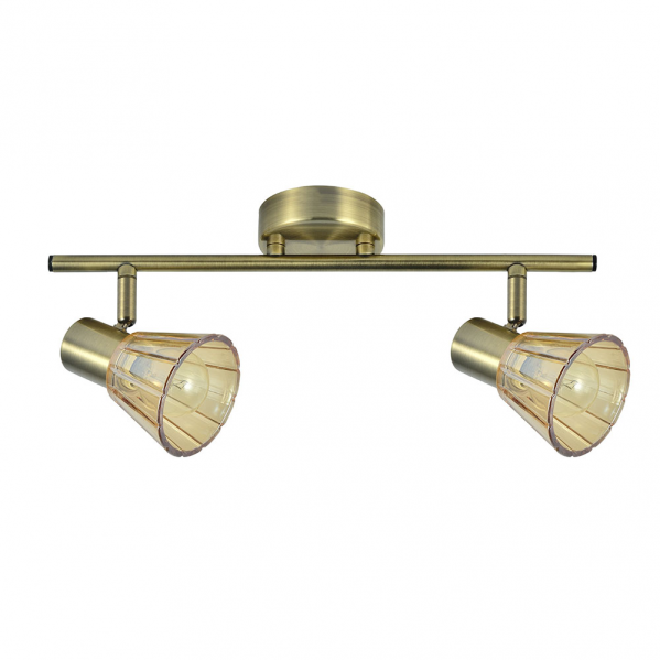 Regleta de focos modernos Abrila en cooper y cuero con 2 casquillos E14, diseño orientable de metal y cristal para iluminación interior doméstica y decoración.