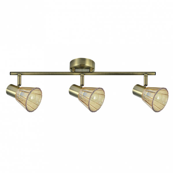 Regleta de focos modernos Cooper 3xE14 con tulipas de cristal ámbar y detalles en cuero genuino, diseño orientable de Abrila para iluminación interior doméstica en metal y cristal, modelo 142193014.