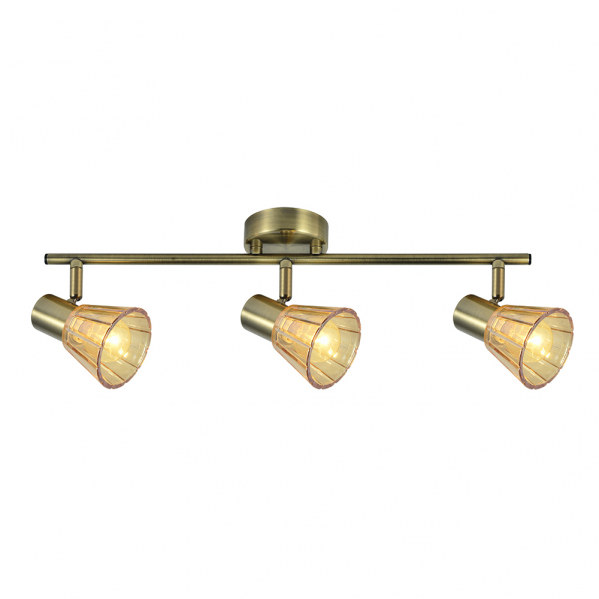 Regleta de focos Cooper 3xE14 con acabado en cuero de Abrila, modelo 142193014, diseño moderno orientable en metal y cristal con tulipas ámbar para iluminación interior doméstica