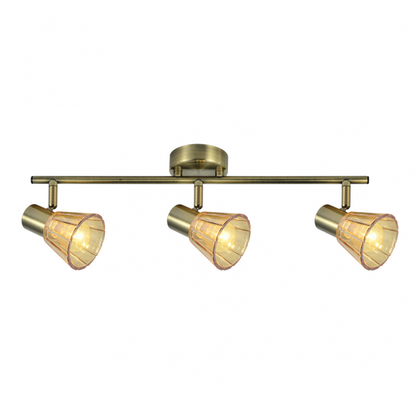 Regleta de focos Cooper 3xE14 con acabado en cuero de Abrila, modelo 142193014, diseño moderno orientable en metal y cristal con tulipas ámbar para iluminación interior doméstica