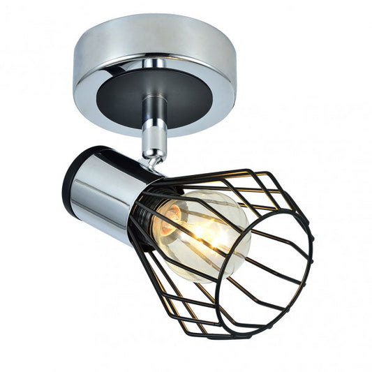 Foco Mateo de Abrila en acabado cromo y negro, diseño moderno orientable con 1 casquillo E14, dimensiones 15x15x8.5 cm, ideal para iluminación interior doméstica y decoración minimalista en metal.