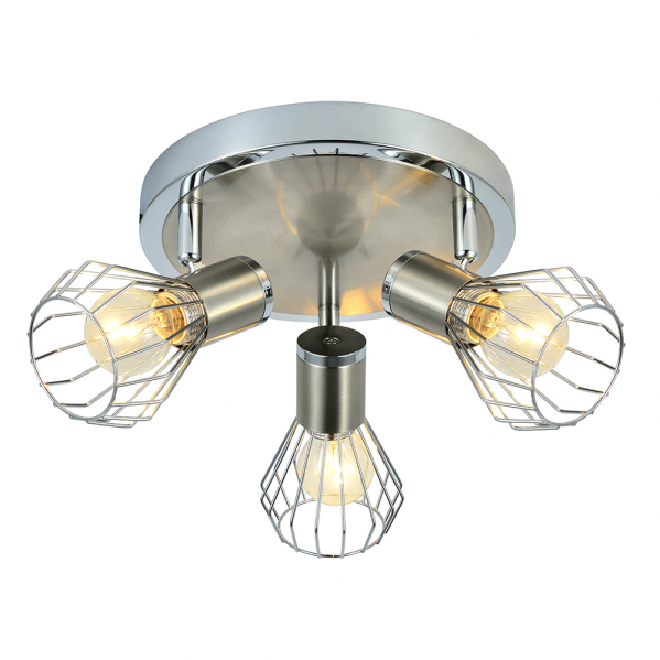 Plafon Mateo de Abrila en acabado cromo/níquel, diseño moderno orientable con 3 casquillos E14, dimensiones 15x28x28 cm, ideal para iluminación interior doméstica y decoración minimalista en focos de techo.