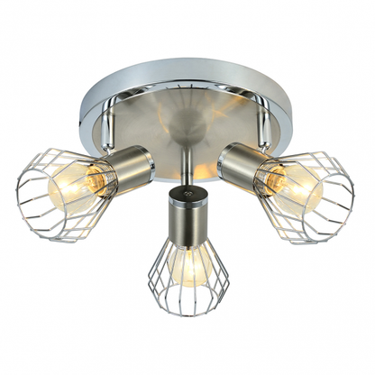 Plafon Mateo de Abrila en acabado cromo/níquel, diseño moderno orientable con 3 casquillos E14, dimensiones 15x28x28 cm, ideal para iluminación interior doméstica y decoración minimalista en focos de techo.