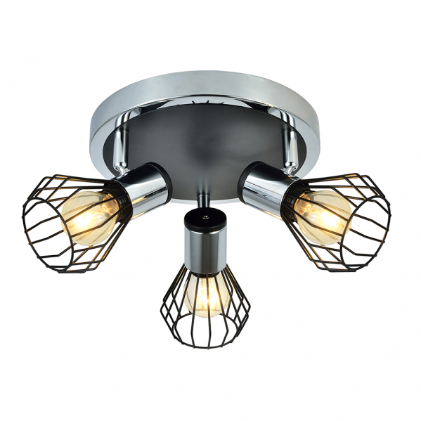 Plafon Mateo 3xE14 en cromo y negro de Abrila (142283009), lámpara de techo moderna orientable de metal para iluminación interior y decoración del hogar.