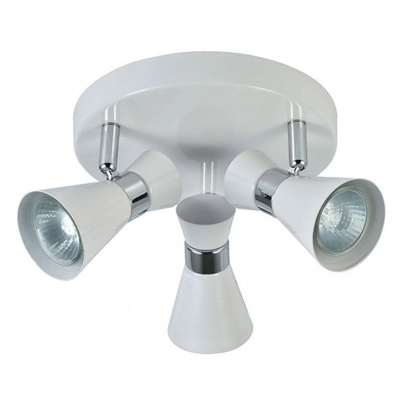 Plafon LED Maximo 3xGU10 de Abrila en acabado blanco y cromo, diseño moderno y orientable de 13x20x20 cm para iluminación interior doméstica y decoración con focos de metal.