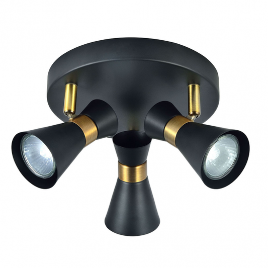 Plafon Máximo 3xGU10 en negro y cuero de Abrila, modelo 142353009, diseño moderno orientable para interior doméstico, focos GU10 de metal, dimensiones 13x20x20 cm